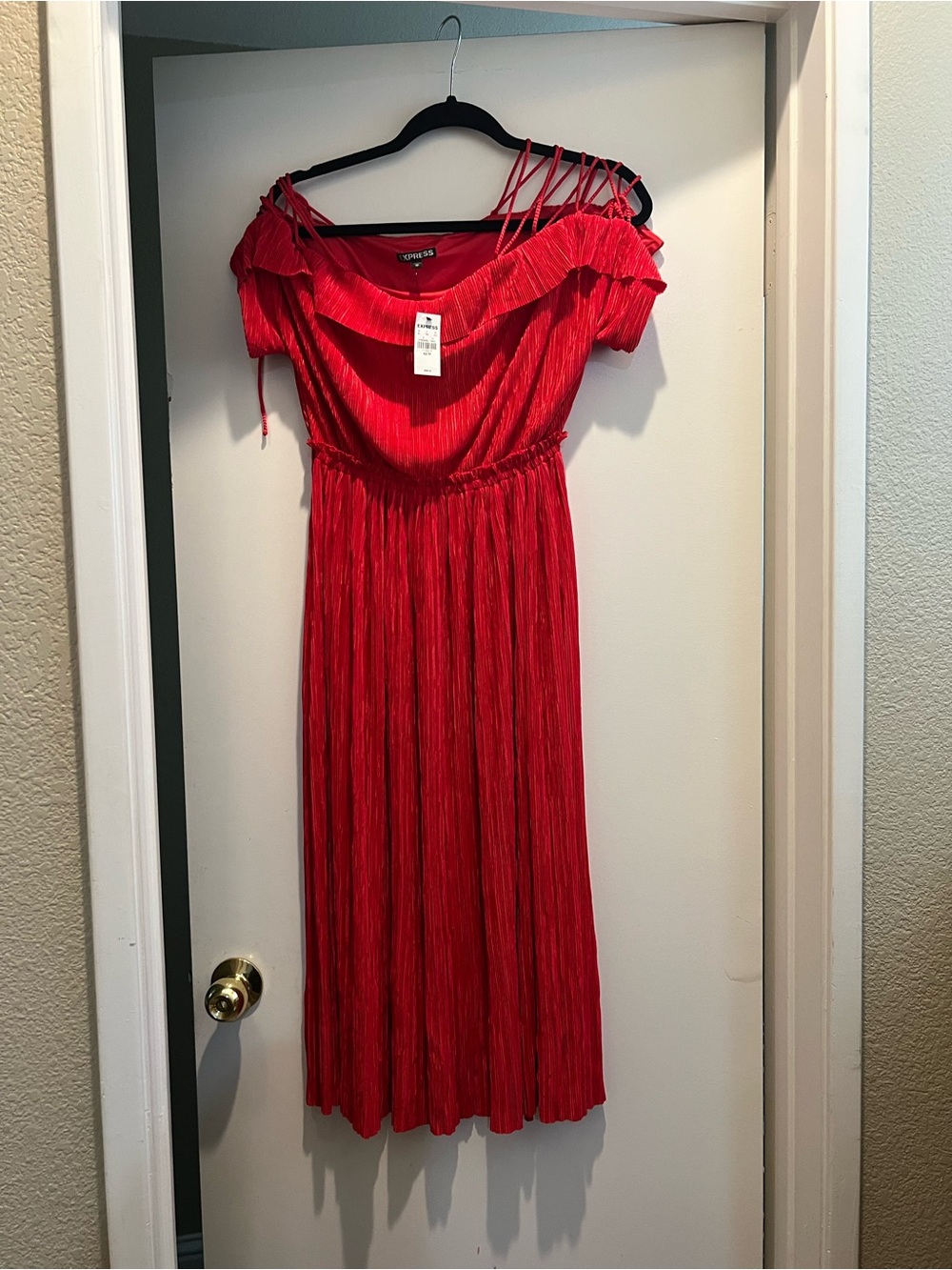 Express Bright Red Off-Shoulder Maxi Dress with Lattice Straps
